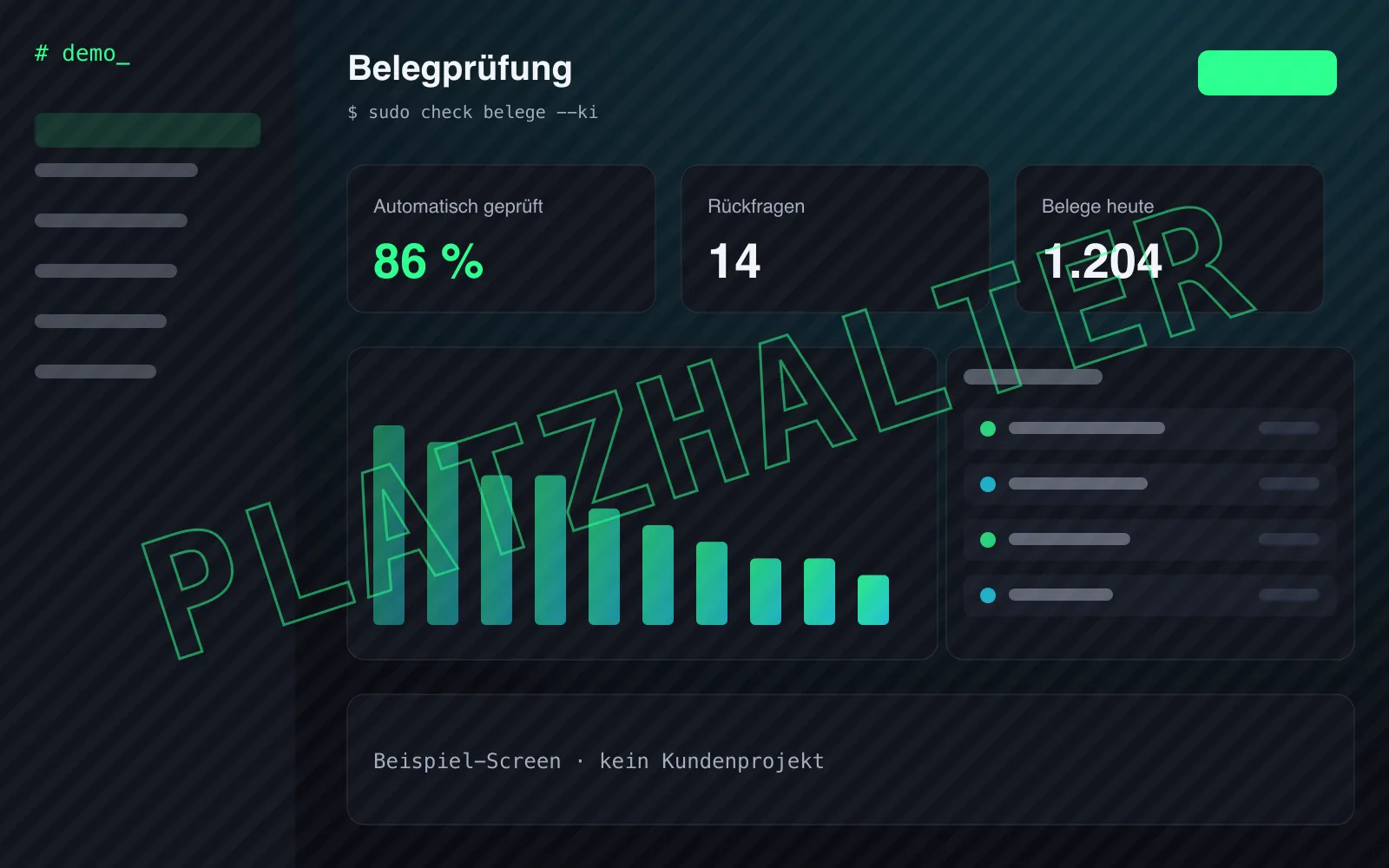 Platzhalter-Mockup: Web-Anwendung zur Belegprüfung mit Kennzahlen zu automatisch geprüften Belegen und Rückfragen