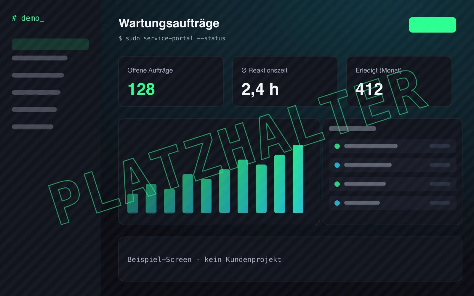 Platzhalter-Mockup: Dashboard eines Service-Portals mit Kennzahlen-Kacheln, Balkendiagramm und Auftragsliste
